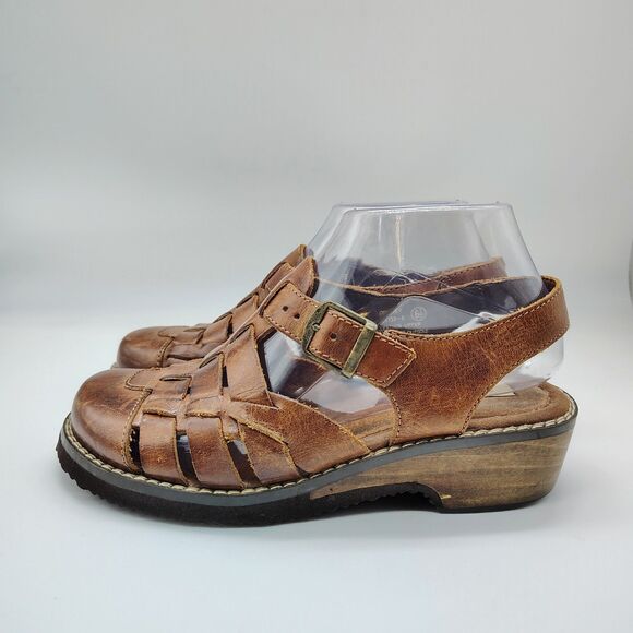 Vtg Woven Brown Leather Buckle Sandals Cottagecore Boho Coastal Grandma 6.5 - Picture 1 of 7